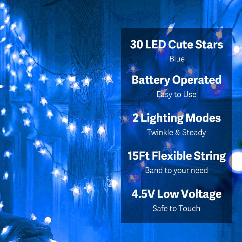 Star Lights Star String Lights 15 FT 30 LED Fairy Lights Battery Operated Indoor&Outdoor Twinkle Christmas Lights Bedroom Decor for Xmas Tree(Blue)