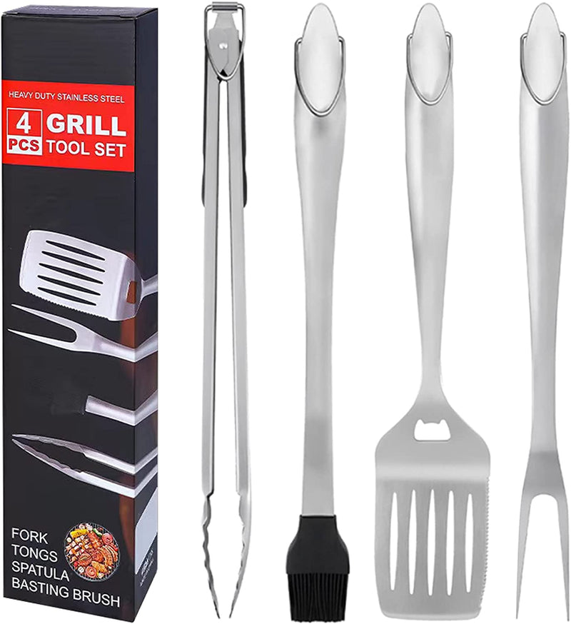 CTCCORC Grill Tool Set, BBQ 4PCS Barbecue Tool Sets with Durable Spatula, Fork, Tongs, Basting Brush, Heavy Duty Stainless Steel Camping Grilling Tools Outdoor Cooking Tools Accessories