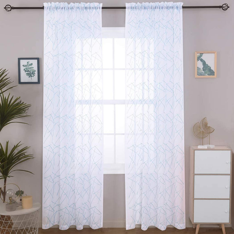 Embroidery Blue Sheer Curtains 84 Inches Long, Geometric Rod Pocket Sheer Drapes for Living Room, Bedroom, 2 Panels, 52"X84", Semi Voile Window Treatments for Yard, Patio, Villa, Parlor.