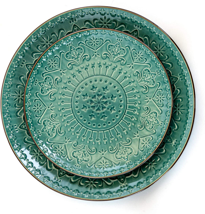 Elama round Stoneware Embossed Dinnerware Dish Set, 16 Piece, Ocean Teal and Green