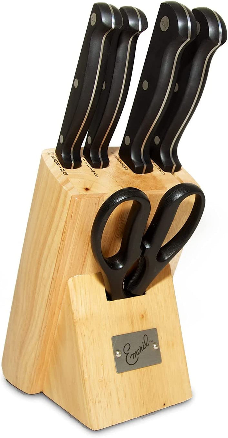 Emeril Lagasse 6-Piece Knife Block Set (Natural) + Tungsten Carbide Knife Sharpener with Suction Pad (Red) - Emeril Cutlery Set with Stamped Blades - Perfect Kitchen Knives for Produce & Sandwiches