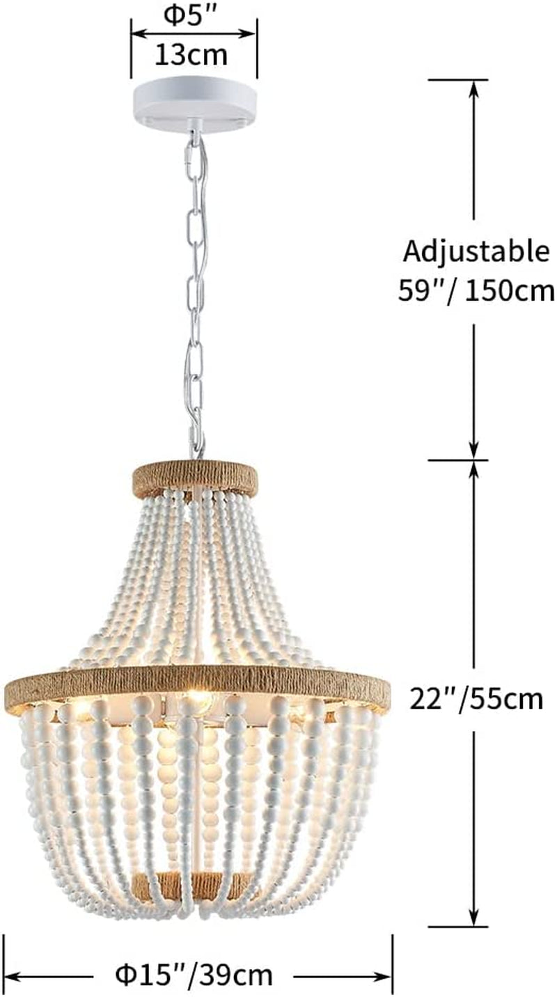 AGV 2021009 Farmhouse Wood Beaded Chandeliers, Ivory White, 4 E12 Ball Lights, Retro Antique Rustic Chandelier Pendant Light Fixture for Foyer Living Room Bedroom Kitchen Dining Room Office Nursery