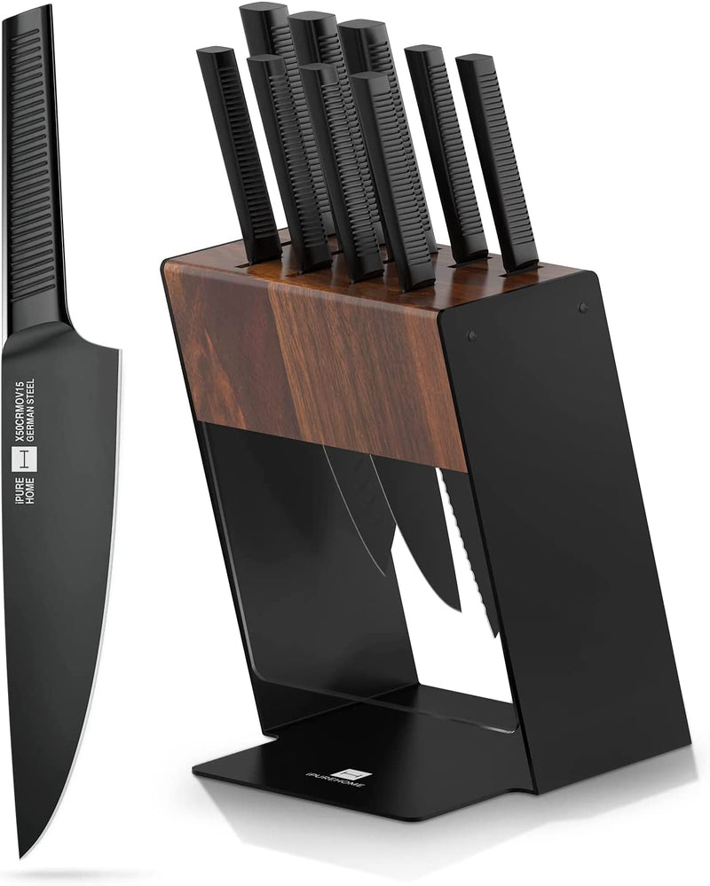 Ipurehome® Kitchen Knife Set -Elite Series - 13 PCS X50Crmov15 High Carbon German Steel Knife Block Set with Sharpener Wood Handle Knife Sets for Kitchen with Block Serrated Steak Knives