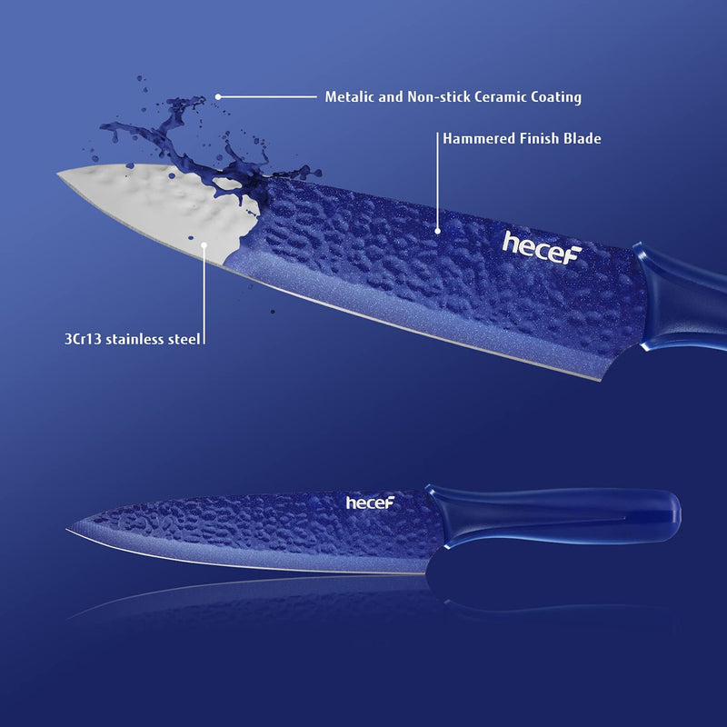 Hecef Galaxy Blue Kitchen Knife Set of 5, Non-Slip Metallic Ceramic Coated Chef Knife Set, Hammered Blade with Plastic Handle and Protective Blade Sheath