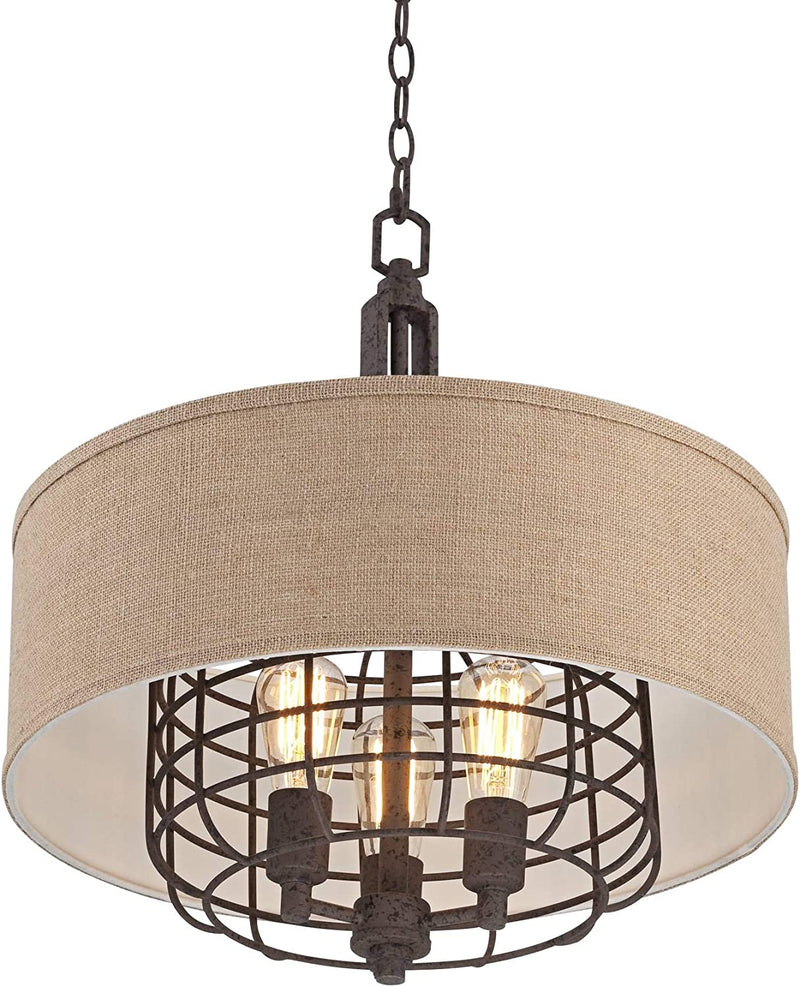 Franklin Iron Works Tremont Rust Cage Pendant Chandelier 20" Wide Industrial Rustic Tan Burlap Drum Shade 3-Light Fixture for Dining Room House Foyer Kitchen Island Entryway Bedroom Living Room
