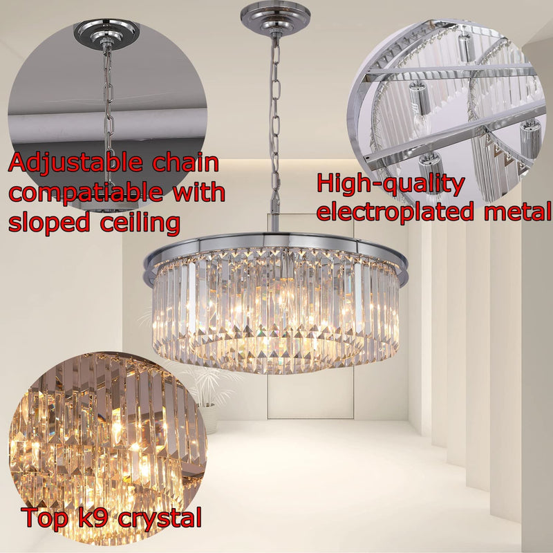 Gmlixin Crystal Chandelier Modern Chrome Chandeliers Lighting Pendant Ceiling Light Fixture 3-Tier for Dining Room Living Room Bedroom, W20''