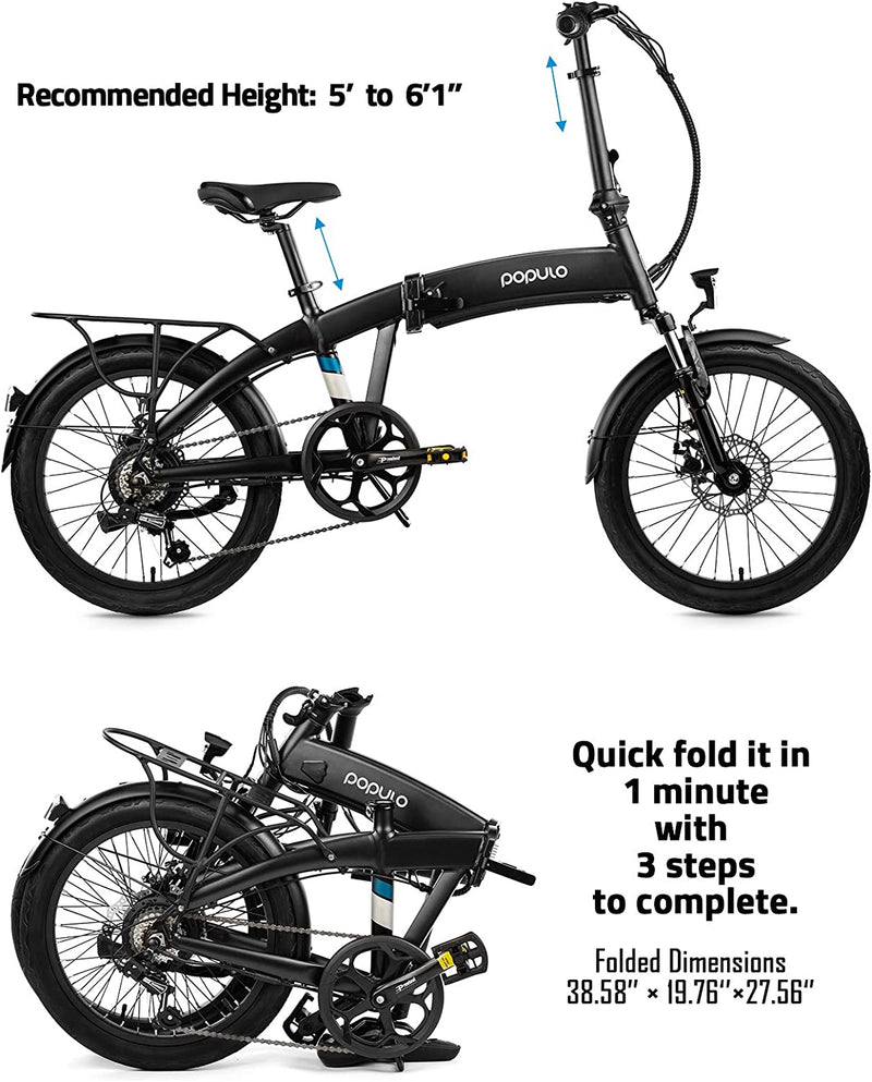 Populo 20'' Folding Electric Bike for Adults, 250W 36V Electric Bicycle with Removable Battery, Lightweight Aluminum Ebike with Suspension Fork, Lights & Rear Rack Included, USB Charge.…