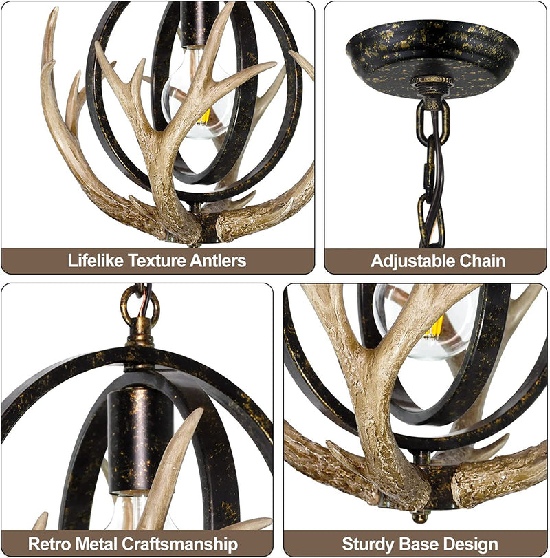 Debemenes Rustic Antler Chandelier, Adjustable Height Farmhouse Chandelier with Resin 4 Antlers and Retro Metal Globe Frame, Vintage Style Pendant Lighting for Dining Room, Kitchen, Entryway