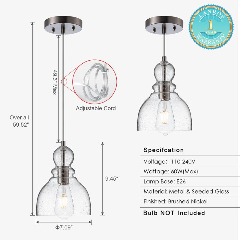 LANROS Farmhouse Kitchen Pendant Lighting with Handblown Clear Seeded Glass Shade, Adjustable Cord Mini Ceiling Light Fixture for Kitchen Island Sink, Brushed Nickle Finish, 7Inch, 2 Pack