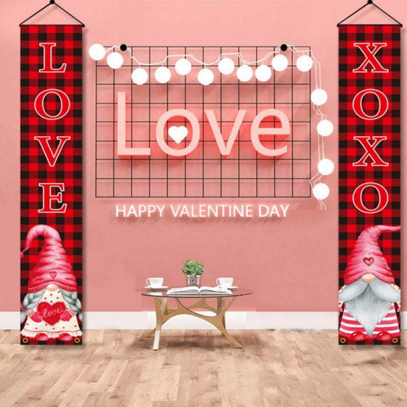 Keimprove Valentine'S Day Porch Sign Gnome Valentine'S Day Banner Black and Red Buffalo Check Plaid Valentine Decor Outdoor Front Porch Door Yard Welcome Sign