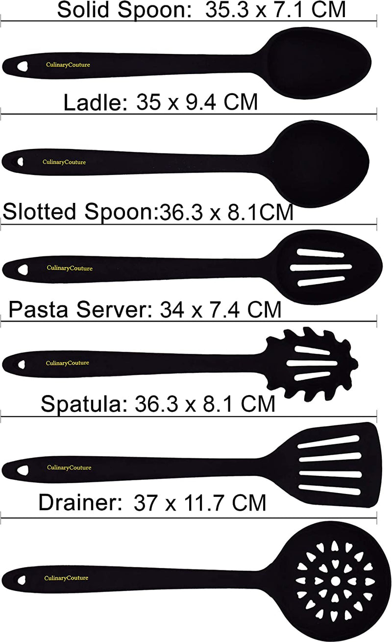 Culinary Couture Aqua Sky Silicone Cooking Utensils Set - Sturdy Steel Inner Core - Spatula, Mixing & Slotted Spoon, Ladle, Pasta Server, Drainer - Heat Resistant Kitchen Tools - Bonus Recipe Ebook