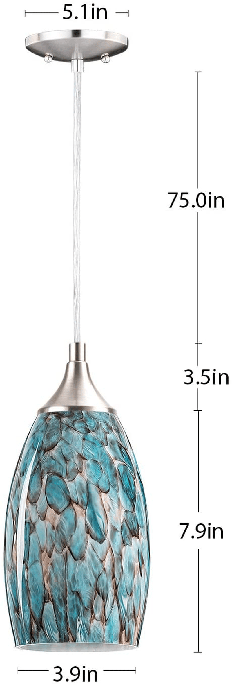 1-Light Pendant Light, Handcrafted Art Glass Hanging Light with Brushed Nickel Finished Adjustable Cord for Kitchen Island (Blue)