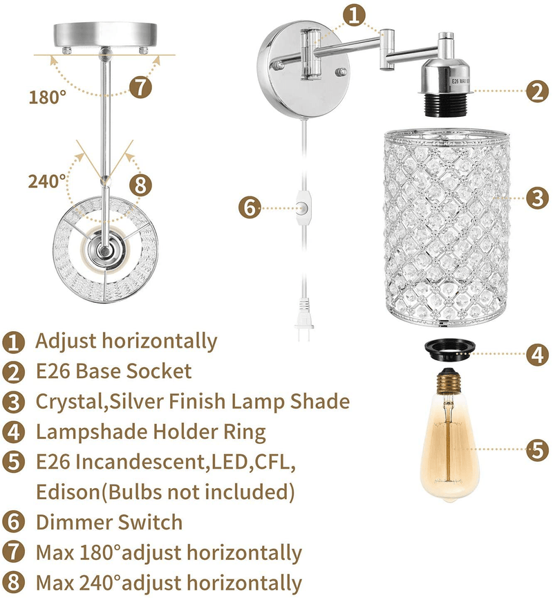 1-Light Wall Lamp Modern Style Metal round Lampshade Decorative Dimmable Crystal E26 Base Wall Lights Industrial Swing Arm Wall Sconce for Home Decor Plug-In Wall Lamp 67.59 Inch Cord
