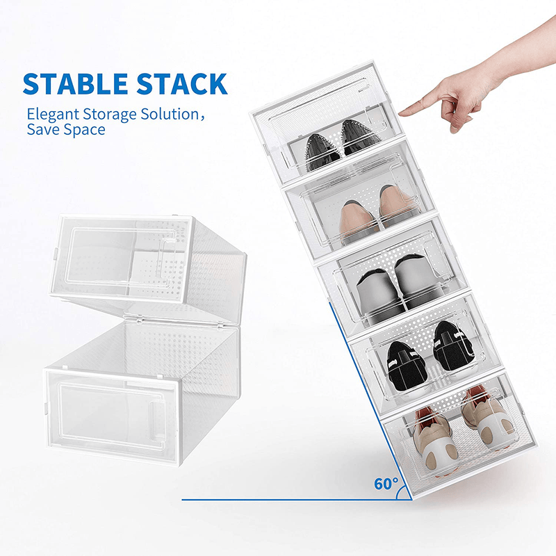 10 Pack Shoe Storage Boxes, Clear Plastic Stackable Shoe Organizer Bins, Drawer Type Front Opening Sneaker Shoe Holder Containers