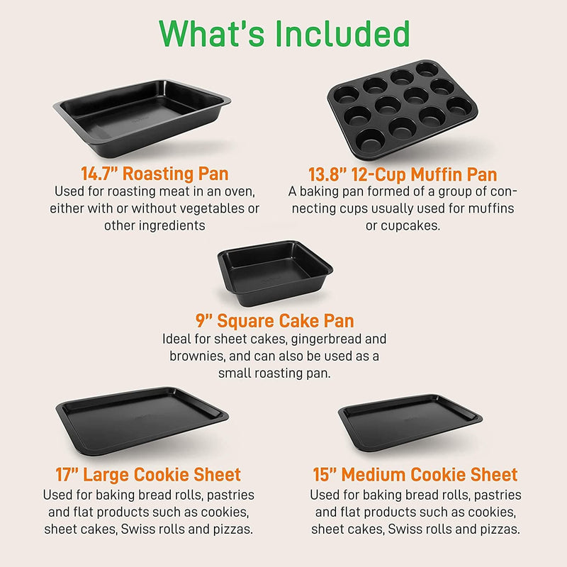 10-Piece Kitchen Oven Baking Pans - Deluxe Carbon Steel Bakeware Set with Stylish Non-Stick Gray Coating inside and Out, Dishwasher Safe & PFOA, PFOS, PTFE Free - Nutrichef
