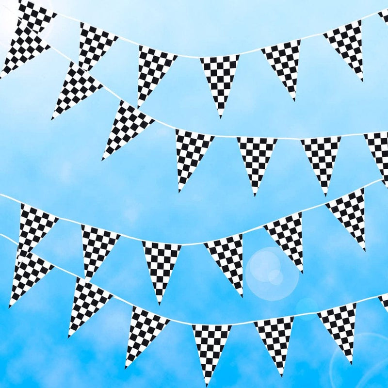 100 Foot Long Race Track Car Finish Line Black and White Plastic Pennant Party Checker Pattern String Curtain Banner for Decorations, Birthdays, Event Supplies, Festivals, Children