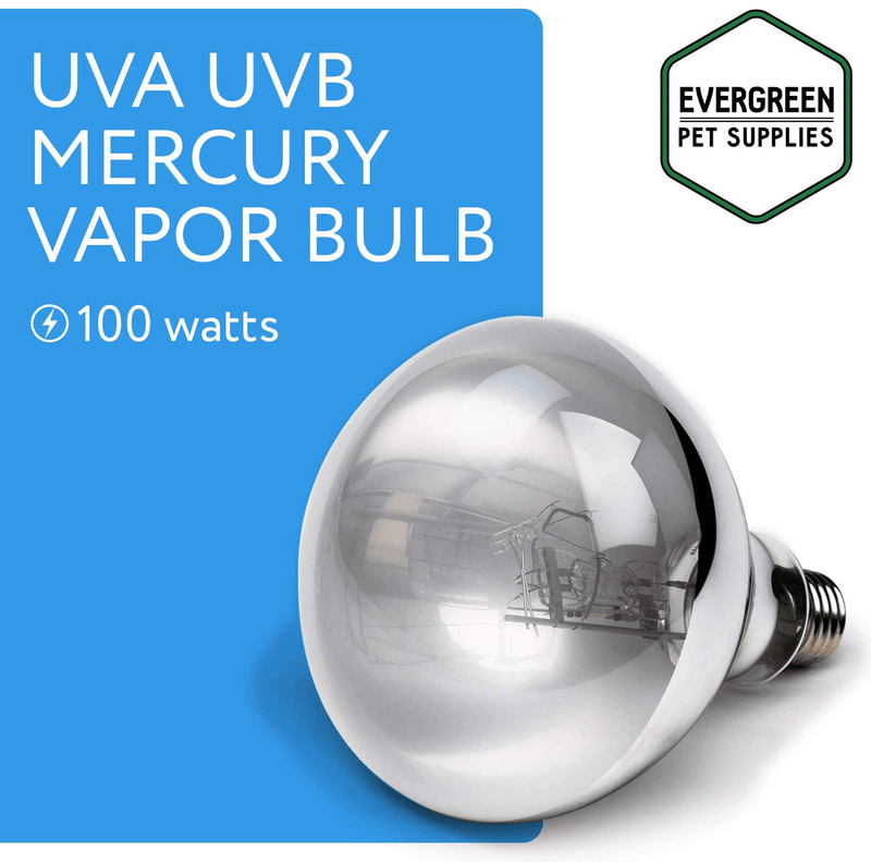 100 Watt UVA UVB Mercury Vapor Bulb / Light / Lamp for Reptile and Amphibian Use - Excellent Source of Heat and Light for UV and Basking - by Evergreen Pet Supplies