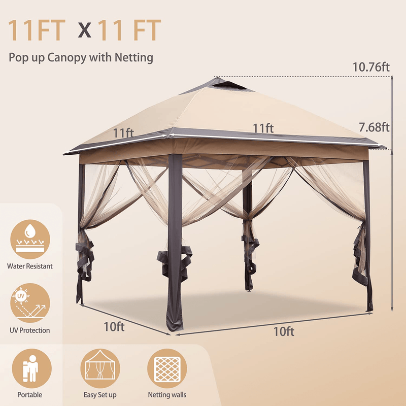 11'x11' Patio Gazebo 2-Tier Outdoor Pop up Canopy Tent with Netting Sidewalls Brown