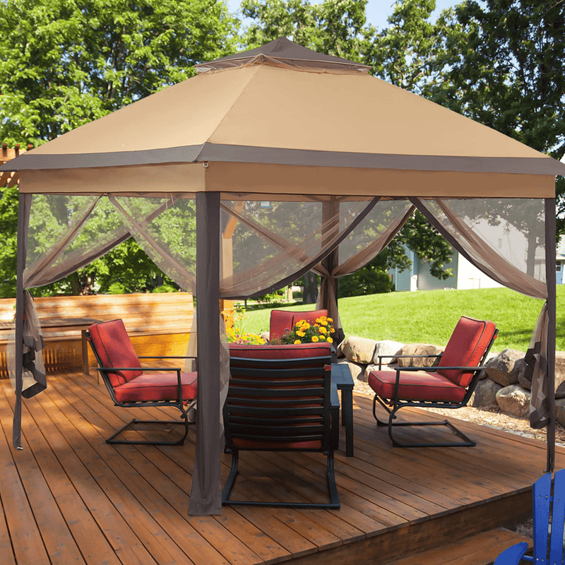 11'x11' Patio Gazebo 2-Tier Outdoor Pop up Canopy Tent with Netting Sidewalls Brown