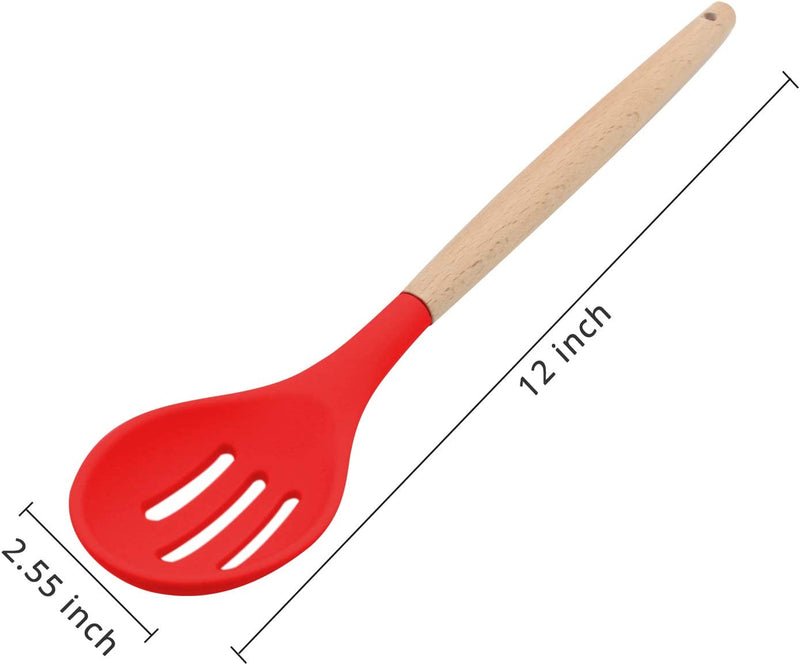 KUFUNG Silicone Slotted Serving Spoon, Wooden Handle Nonstick Mixing Spoon, Heat Resistant up to 480°F. Silicone Kitchen Cooking Utensils Non-Stick Tool for Draining & Serving (Red)