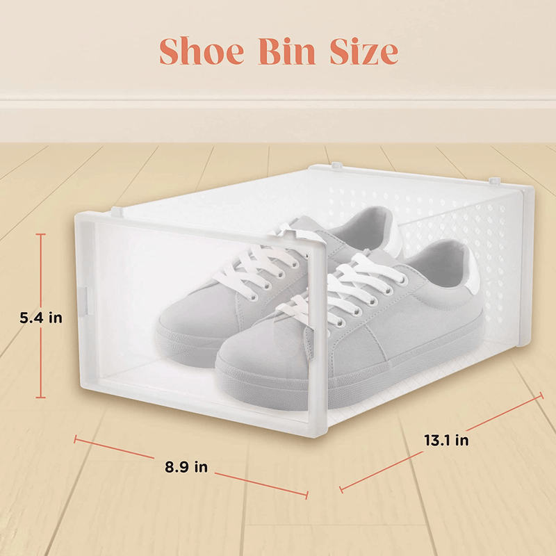 12-Pack Shoe Storage Boxes - Shoes Organizer for Closet - Clear Plastic Stackable Shoe Containers - Clear Shoe Boxes Stackable and Foldable for Sneaker Storage, Books, Toys, Tools White