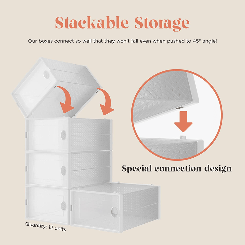 12-Pack Shoe Storage Boxes - Shoes Organizer for Closet - Clear Plastic Stackable Shoe Containers - Clear Shoe Boxes Stackable and Foldable for Sneaker Storage, Books, Toys, Tools White