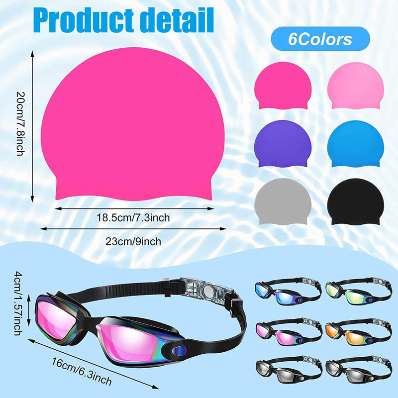 12 Pack Swim Goggles Swim Cap Waterproof Silicone Swim Hats for Women No Leaking anti Fog Swimming Goggles for Men with Nose Plugs Earplugs for Adults Youth Kids Glasses Accessories