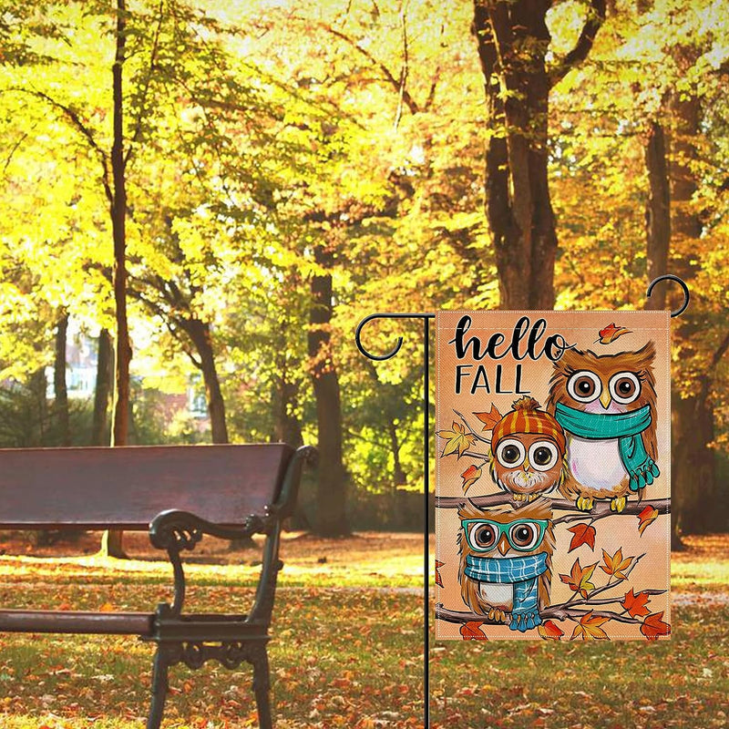 Artofy Hello Fall Owls Small Decorative Garden Flag, Autumn Maple Leaves Farmhouse Seasonal Yard Lawn outside Decor, Thanksgiving Burlap Outdoor Home Decoration Double Sided 12 X 18