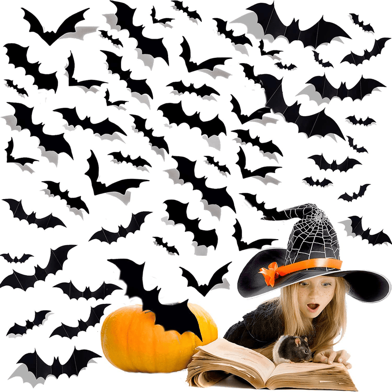 120Pcs Halloween Decorations 3D Bats Wall Decor, 4 Sizes Waterproof Bats Stickers for Wall and Window,Reusable Realistic PVC Scary Bat Sticker for Halloween Party Decoration DIY Wall Stickers Home Supplies