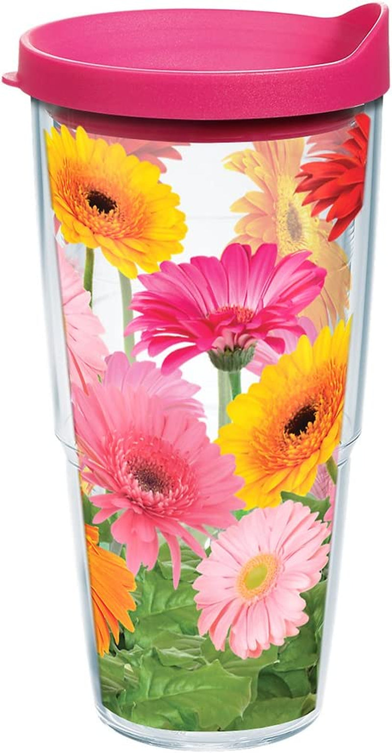 Tervis Gerbera Daisies Tumbler with Wrap and Fuchsia Lid 24Oz, Clear