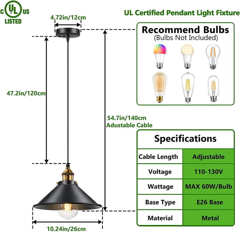 Licperron Industrial Pendant Light E26 E27 Base, Vintage Hanging Pendant Lights Retro Pendant Light Fixtures Home Kitchen Lighting UL Approval, Bar Lights Hanging, 3 Pack