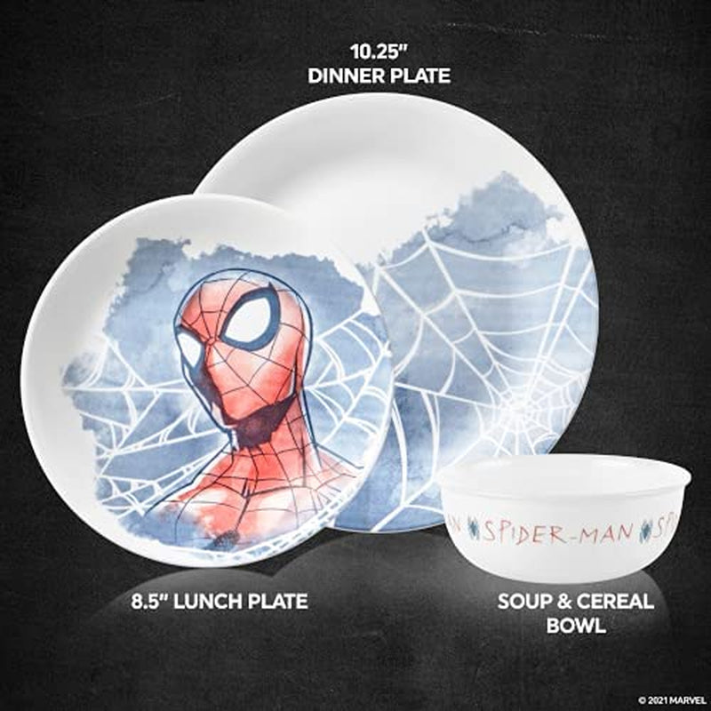 Corelle Vitrelle 12-Piece Dinnerware Set, Triple Layer Glass and Chip Resistant, Lightweight round Plates and Bowls Set, Marvel'S Spider-Man