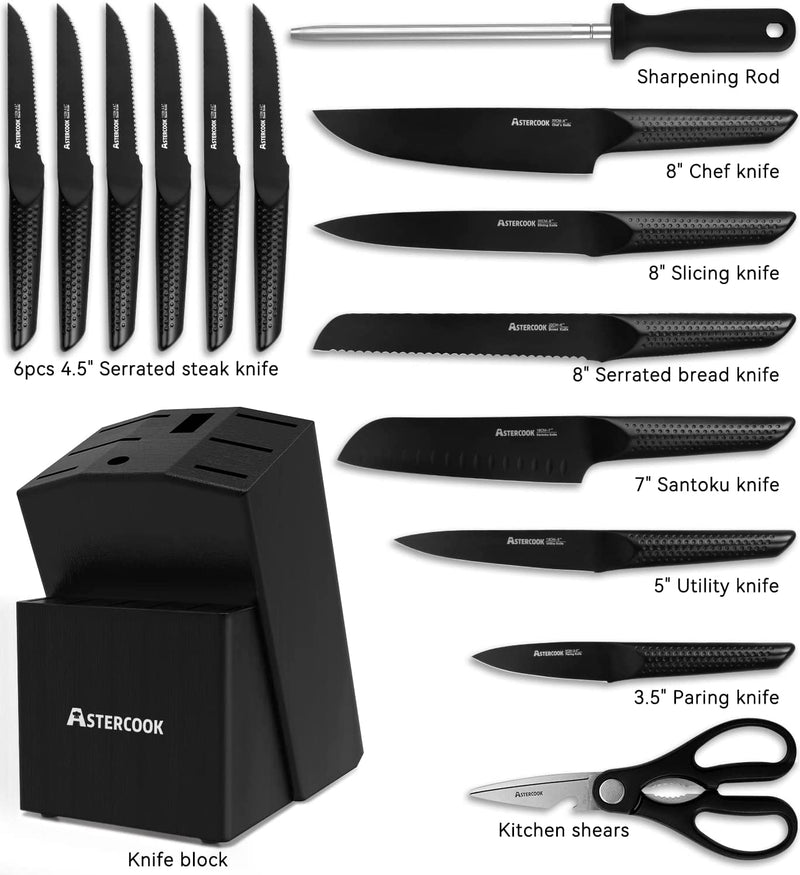 Knife Set, 15 Pieces Chef Knife Set with Block for Kitchen, German Stainless Steel Knife Block Set, Dishwasher Safe, Elegant Black