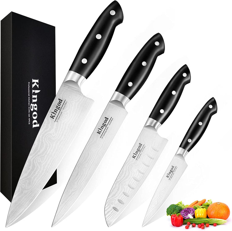 KINGOD 4PCS Japanese Chef Knife Set, Ultra Sharp Kitchen Knives Boxed Set, 7CR17MOV High Carbon German Stainless Steel with Ergonomic Handle, Professional Multipurpose Cooking Knife Set