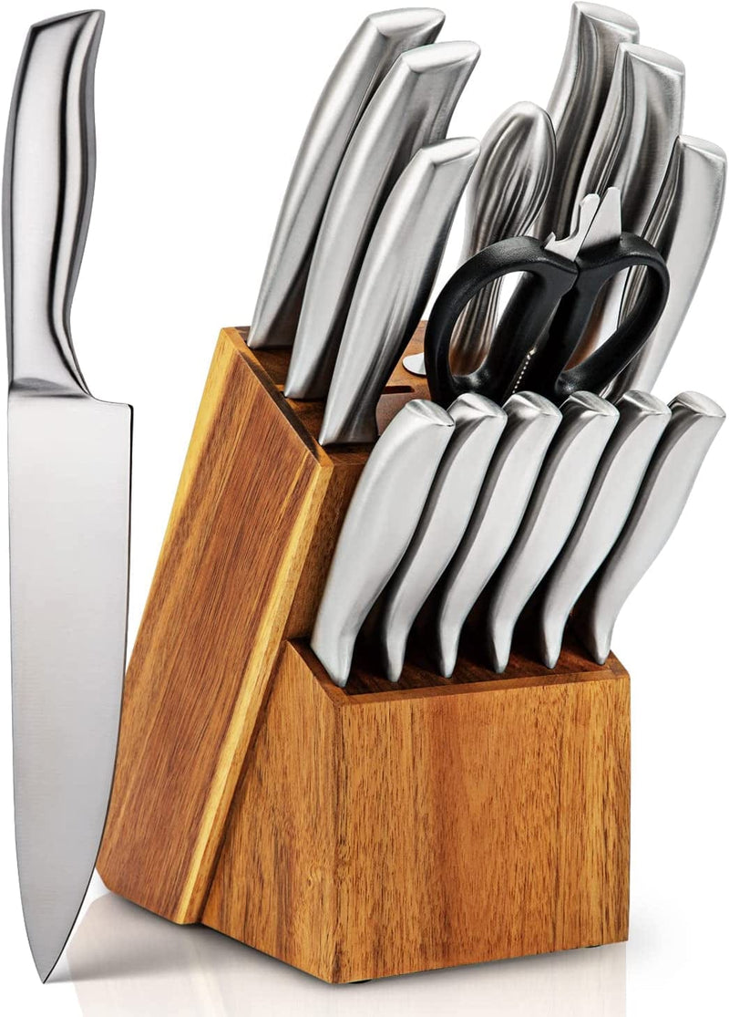 15 Pieces Knife Set, Professional Kitchen Chef’S Knives Block Set with Ultra Sharp High Carbon Stainless Steel Blades and Sharpener, Rust-Proof, Dishwasher-Safe, Sliver