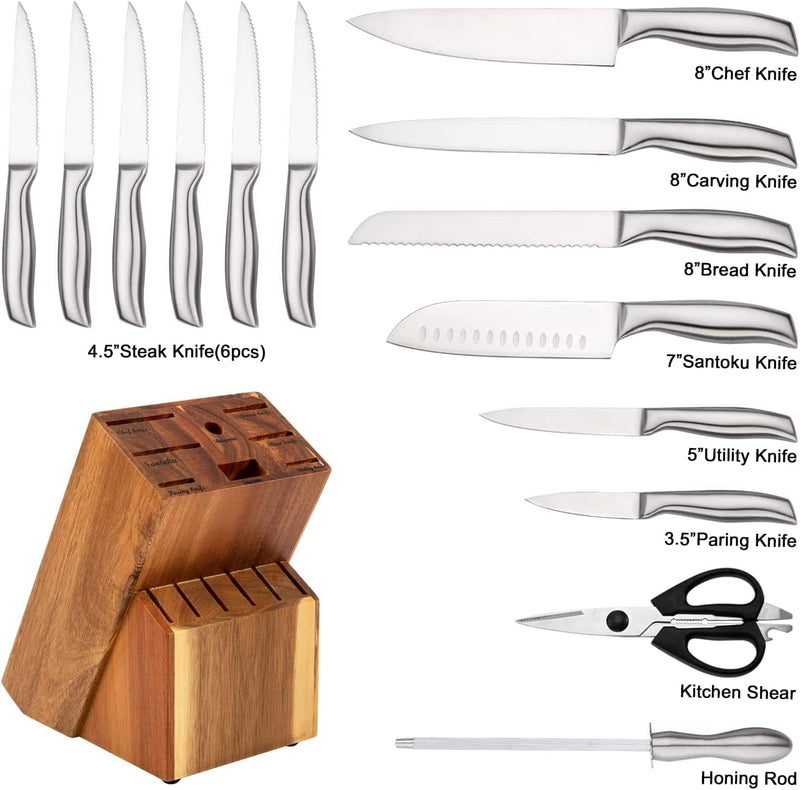 15 Pieces Knife Set, Professional Kitchen Chef’S Knives Block Set with Ultra Sharp High Carbon Stainless Steel Blades and Sharpener, Rust-Proof, Dishwasher-Safe, Sliver
