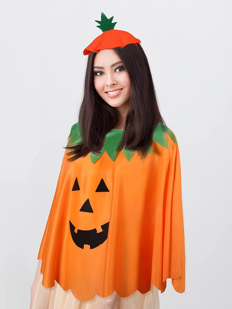 Geyoga Adult Halloween Pumpkin Costume Set Pumpkin Cloak Poncho with Candy Bag Hat Pumpkin Handbag Funny Headband