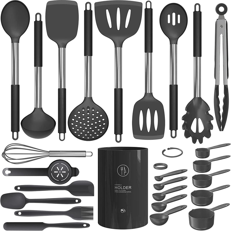 Silicone Cooking Utensils Set - Heat Resistant Kitchen Utensils,Turner Tongs,Spatula,Spoon,Brush,Whisk,Stainless Steel Khaki Silicone Cooking Tool for Nonstick Cookware,Dishwasher Safe (Large)