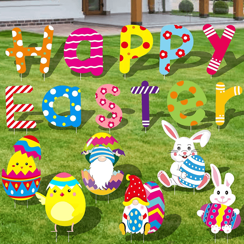 17 Pieces Easter Outdoor Decorations, Easter Yard Signs Easter Rabbit Eggs Chick Yard Signs, Happy Easter Outdoor Lawn Decors with Stakes, Waterproof Easter Party Supplies