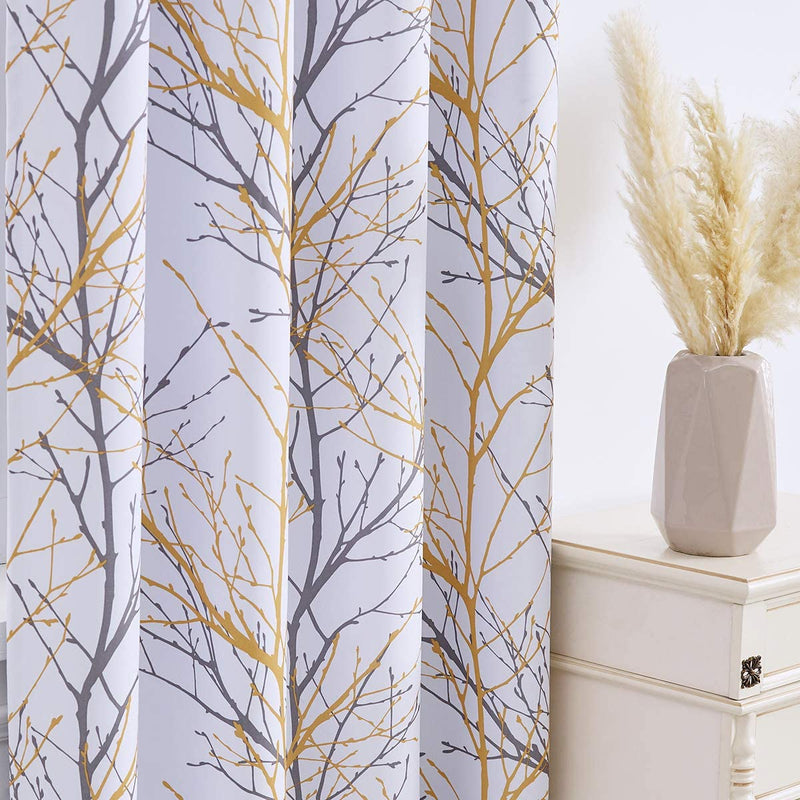 FMFUNCTEX Blue White Curtains for Bedroom 84" Grey Tree Print Half-Blackout Curtain Panel with Liner Branch Curtain for Living Room,50” X 2 Panels Width Grommet Top