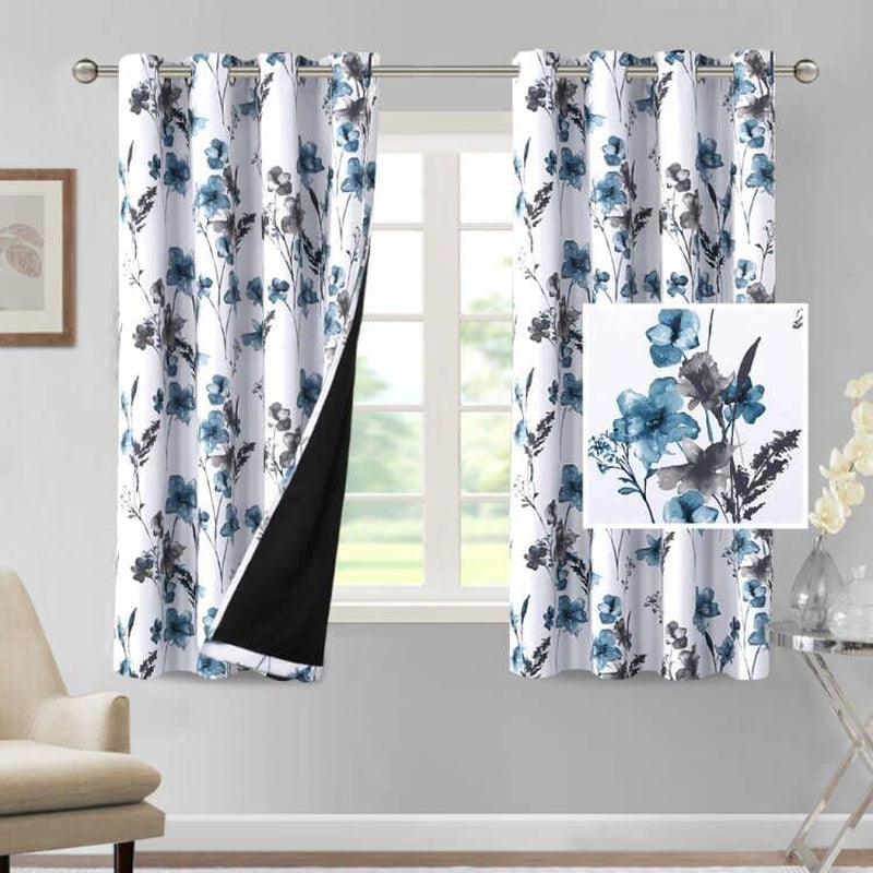 H.VERSAILTEX 100% Blackout Curtains 84 Inch Length 2 Panels Set Cattleya Floral Printed Drapes Leah Floral Thermal Curtains for Bedroom with Black Liner Sound Proof Curtains, Navy and Taupe