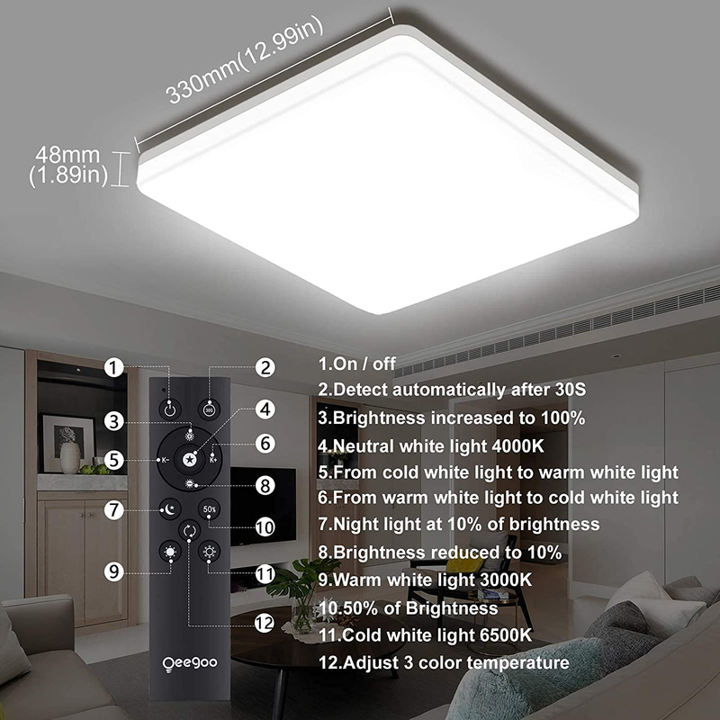Oeegoo 13Inch Modern Dimmable LED Flush Mount Ceiling Light Fixtures with Remote Control, 36W 3600LM, Waterproof Suqare Ceiling Lamp for Bedroom, Living Room, Bathroom, Kitchen, 3000K-6500K Adjustable