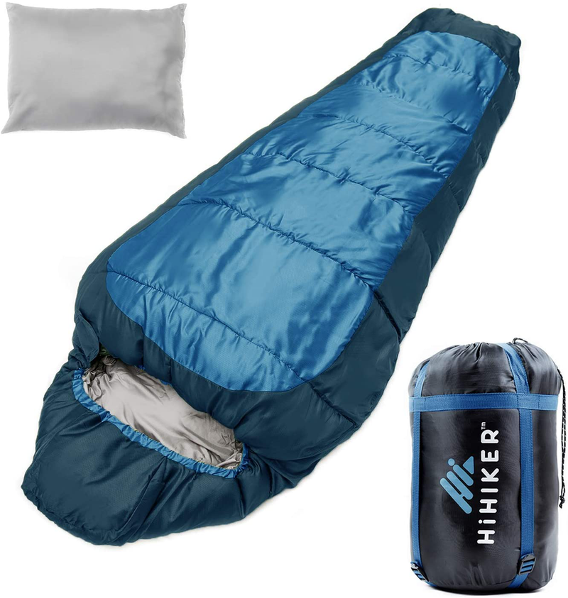 Hihiker Mummy Bag + Travel Pillow W/Compact Compression Sack – 4 Season Sleeping Bag for Adults & Kids – Lightweight Warm and Washable, for Hiking Traveling & Outdoor Activities