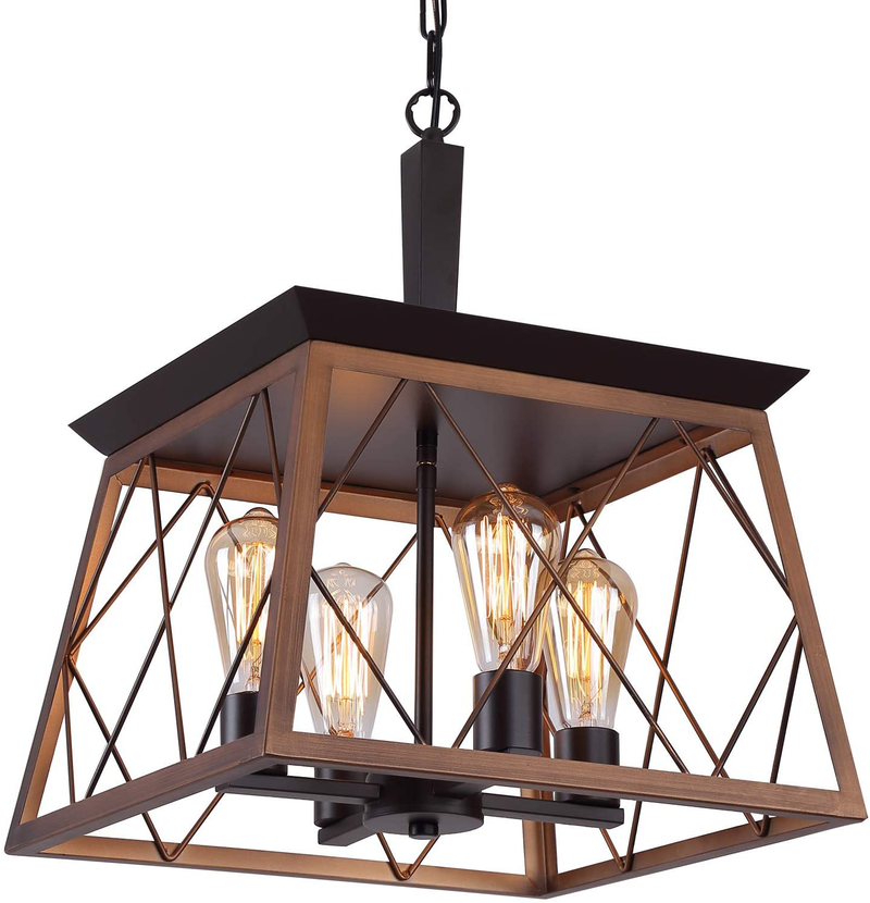 Q&S Farmhouse Vintage Chandelier, Rustic Pendant Light,Industrial Hanging Light Fixture for Dining Room Kitchen Island,Wrought Iron ,ORB+Oak White 4 Lights E26