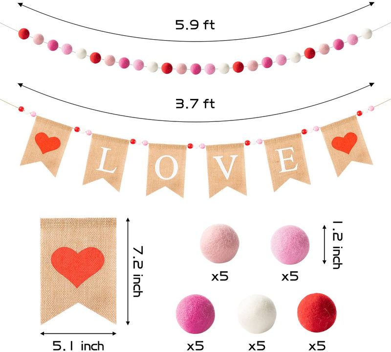 Haooryx 2 Set Valentine'S Day Burlap Flag Felt Ball Garland Kit, Sweet LOVE Valentines Hanging Banner Garland Decorations for Engagement Wedding Anniversary Party Home Wall Decor Supplies