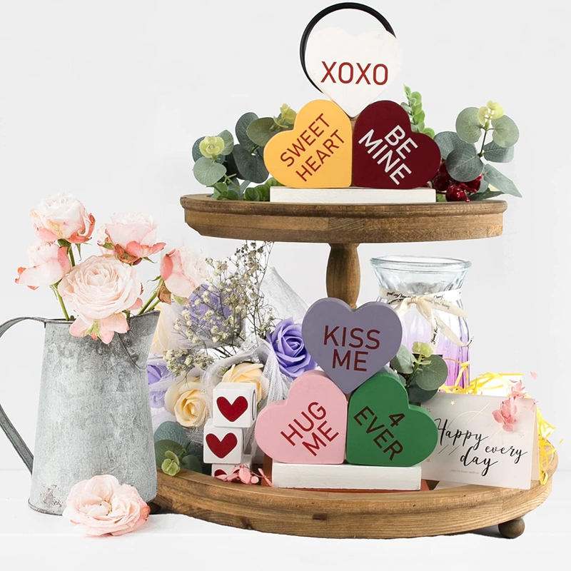 DAZONGE Valentine Decorations, 6PCS Valentine Tiered Tray Decor - Heart Wooden Signs with Loving Words, Freestanding Heart Shape Signs for Valentines Decor, Wedding