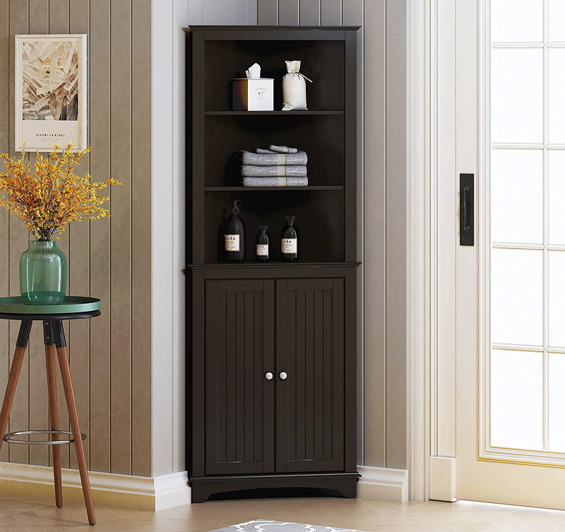 Spirich Home Tall Corner Cabinet with Two Doors and Three Tier Shelves, Free Standing Corner Storage Cabinet for Bathroom, Kitchen, Living Room or Bedroom, Espresso