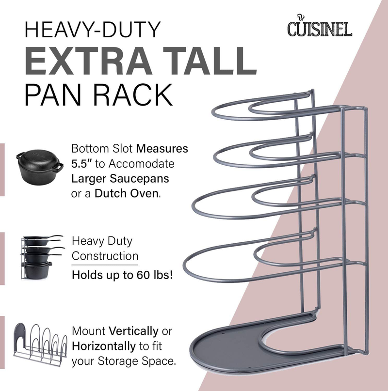 Heavy Duty Pan Organizer, Extra Large 5 Tier Rack - Holds Cast Iron Skillets, Dutch Oven, Griddles - Durable Steel Construction - Space Saving Kitchen Storage - No Assembly Required - Grey 15.4-Inch