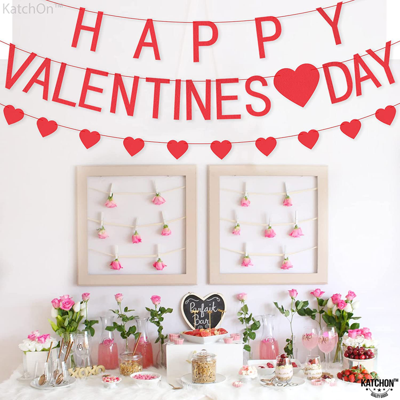 Happy Valentines Day Banner with Heart Garland - Felt Strings | Red Valentines Day Fireplace Decor | Happy Valentines Day Sign for Romantic Heart Decorations | Hanging Garland Valentines Decoration