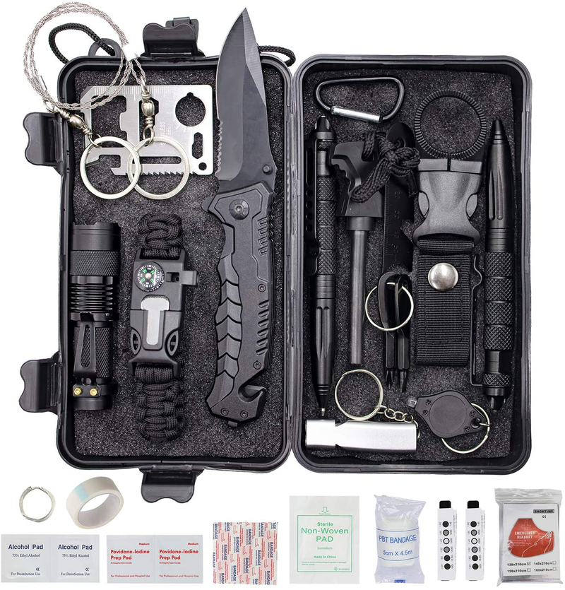 Procase Survival Kit (40 in 1) Ideas, Outdoor Camping Gear Tool and Equipment with Bracelet, Fire Starter, Compass, Medical Supplies, Gifts for Father Husband Boyfriend Teen Boy